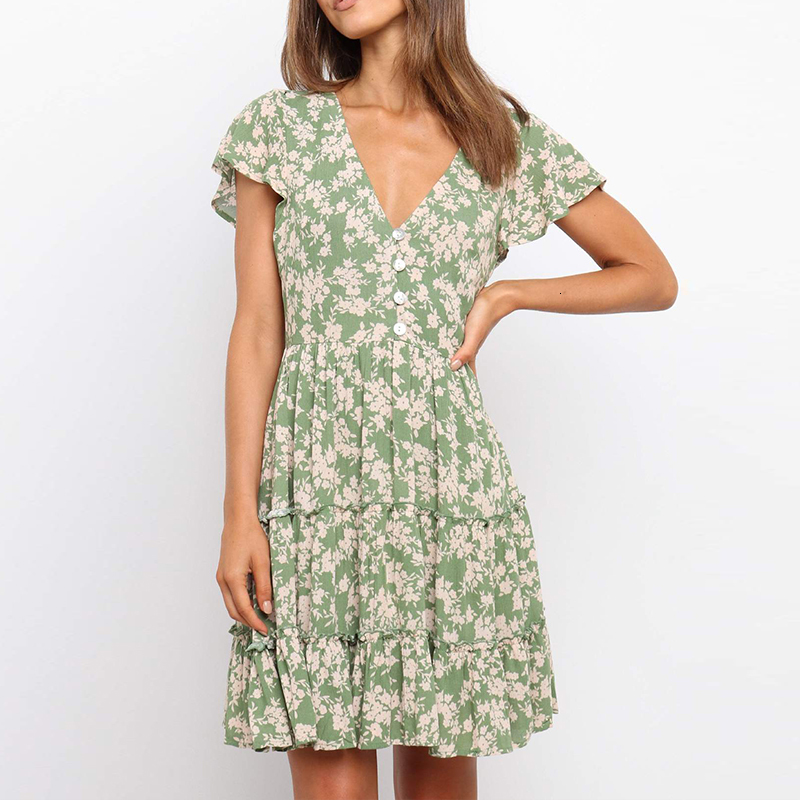 

New Summer Boho v Neck Floral Print Female Casual Ruffle a Line Holiday Beach Button Women Mini Party Vestidos 2021 2qkj, 02