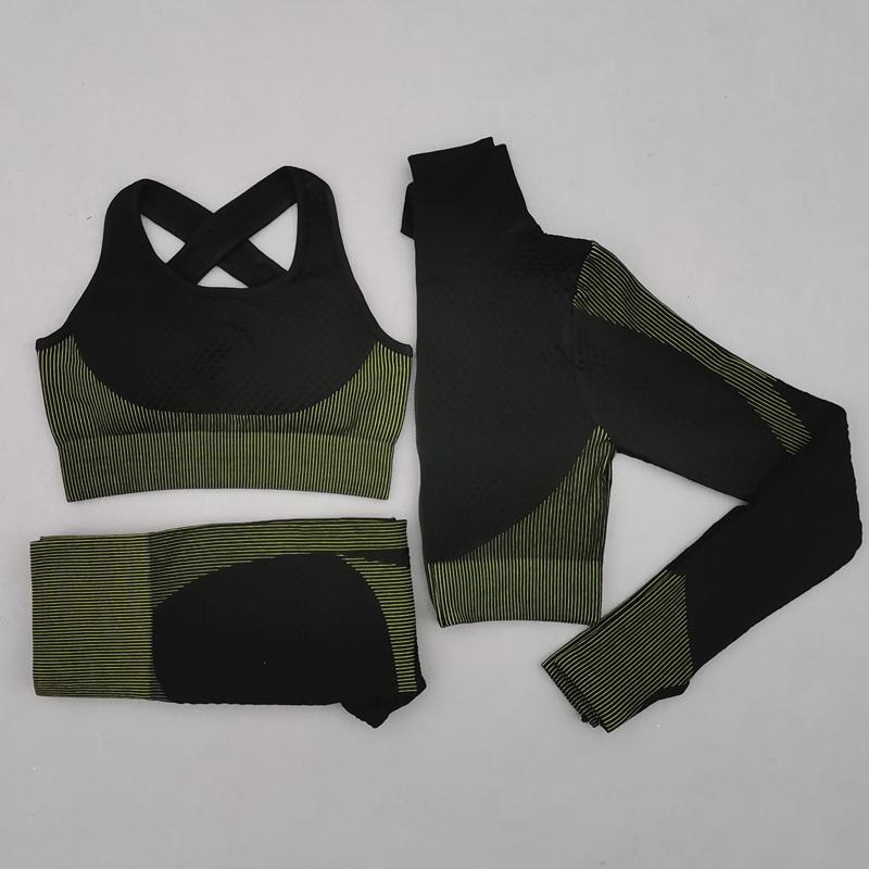 

Women Seamless Yoga Set Fitness Sports Suits Long Sleeve Crop Top Shirts High Waist Running Leggings Workout Bra Gym Clothing, 2pcs black green set