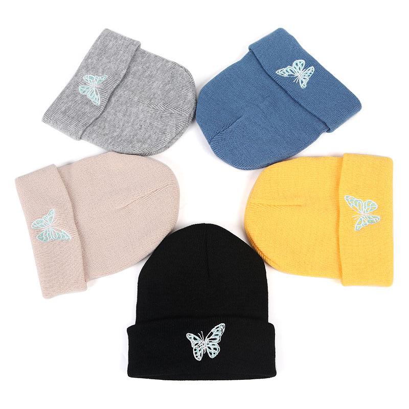 

New Fashion Women Hat Beanies Embroidery Butterfly SkullCap Hats Winter Fall Unisex Warm Cap Bonnet Solid Color Gorras, Black