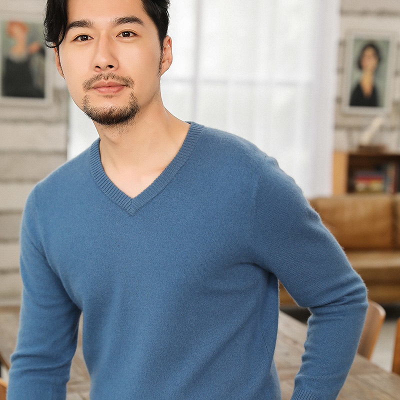 

2021 New Hot Sale V-neck Sweaters Man 100% Goat Cashmere Knitted Jumpers Male 4colors Soft Warm Pure Pashmina Knitwear Pullovers 5n88, Dark blue