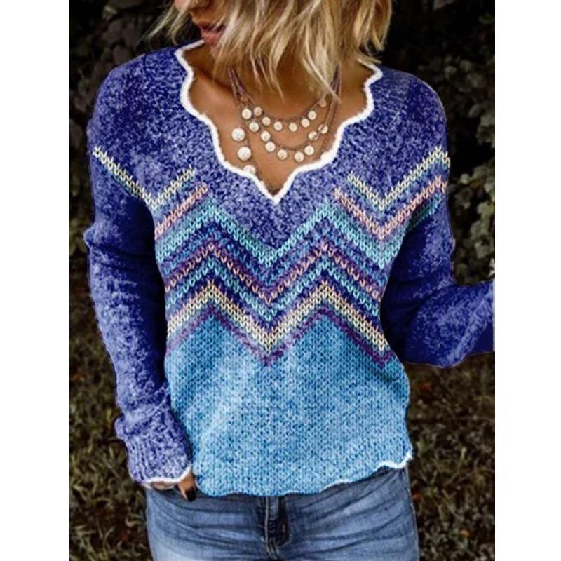 

Women Elegant Geometric Printed Sweaters 2021 Autumn Winter Vintage Pullovers Tops Ladies Casual Long Sleeve Sweater, A-blue