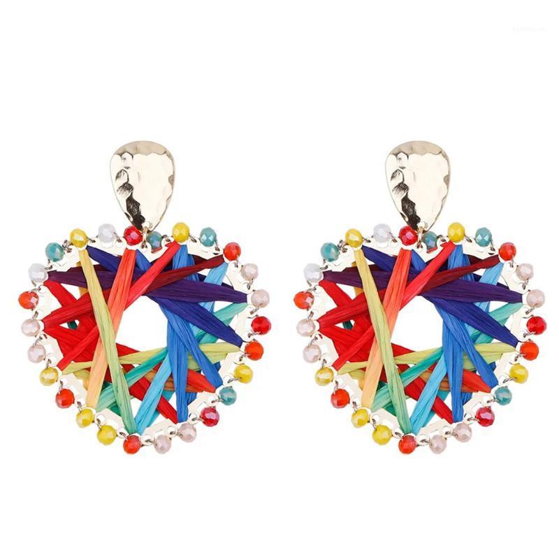 

New Jewelry Fashion Bohemia Heart-shaped Drop Crystal Earrings Hand Woven Raffia Earrings For Women Summer Oorbellen1