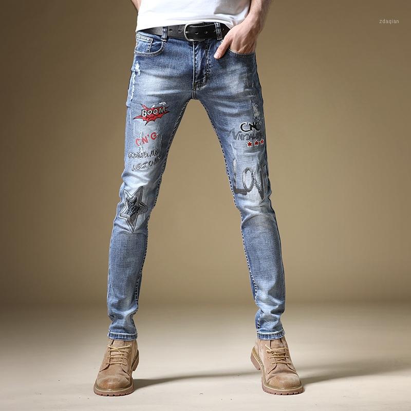 

Free shipping new fashion male men's European American hip-hop jeans trendy Slim 2020 embroidery casual blue pants trousers1, As pic