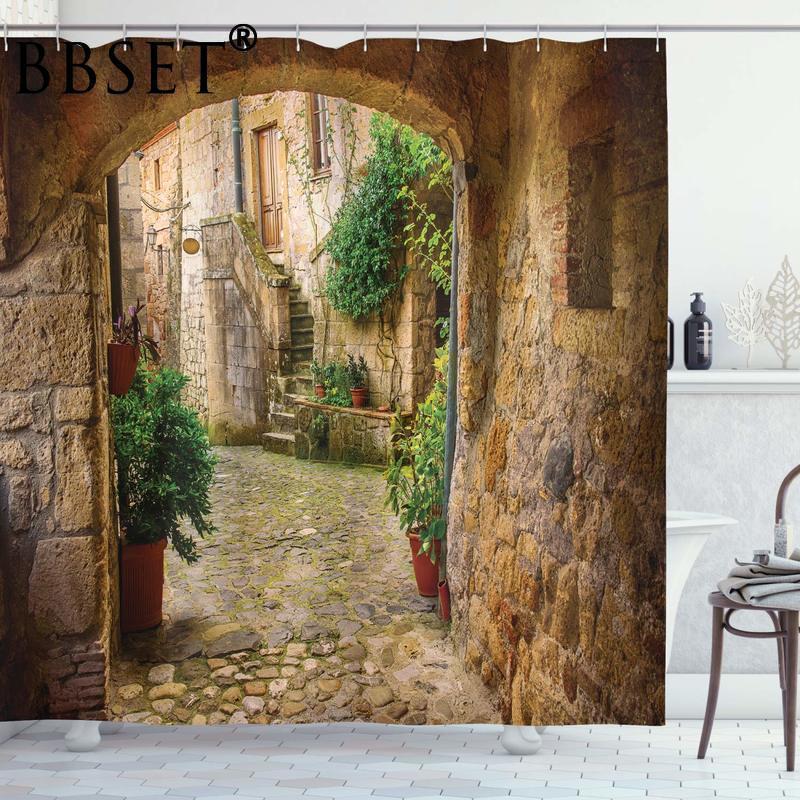 

Scenery Decor Shower Curtain By Ambesonne Landscape From Another Door Antique Stone Village Bathroom Waterproof Shower Curtain1