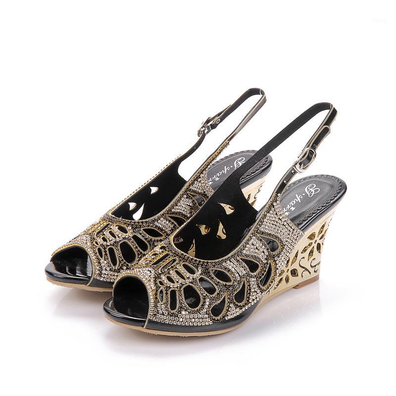 

Summer Noble Black Vintage Rhinestone High Heel Fish Mouth Wedge Sandals Wild Fashion Shoes Wedding Shoes 8CM1