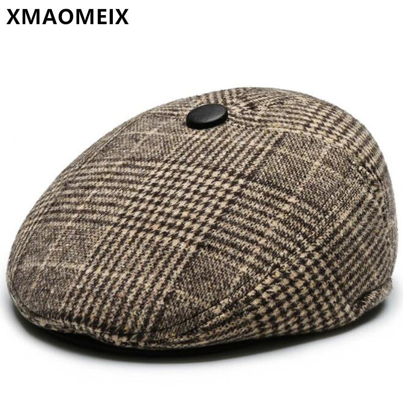 

XMAOMEIX Middle-aged Elderly Men's Winter Simple Casual Warm Berets Windproof Thermal Earmuff Hat Men Flat Cap Brand Sports Caps, Color-1
