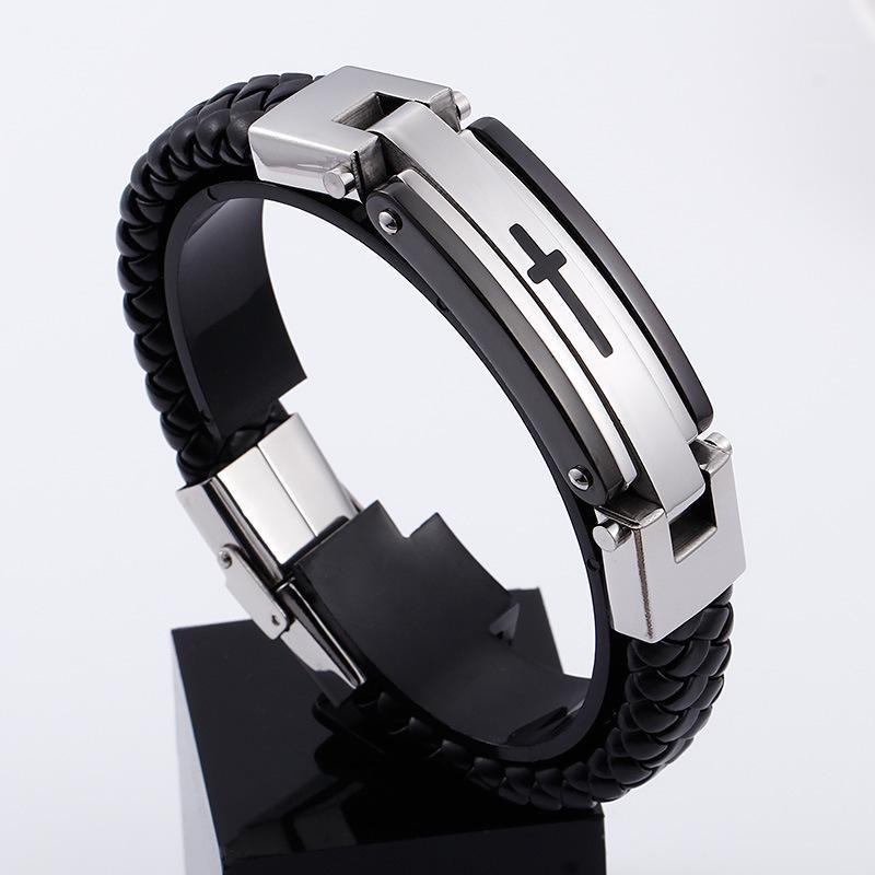 

Vintage hand-woven leather bracelet male titanium steel cross bracelet1