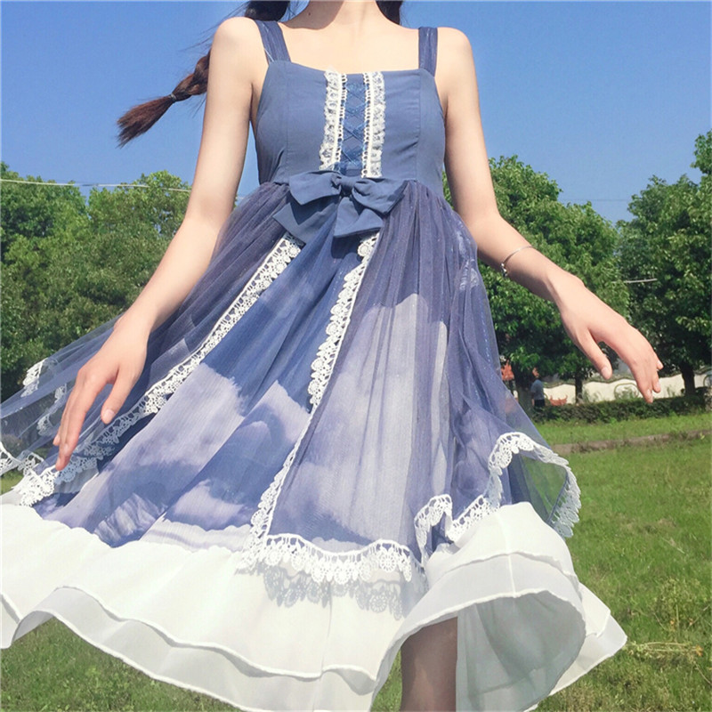 

2021 New Dress Beautiful Sea Style Lolita Light Bowtie the Line Up Summer Empire Students Dressed Short O4FL, Blue strapless.
