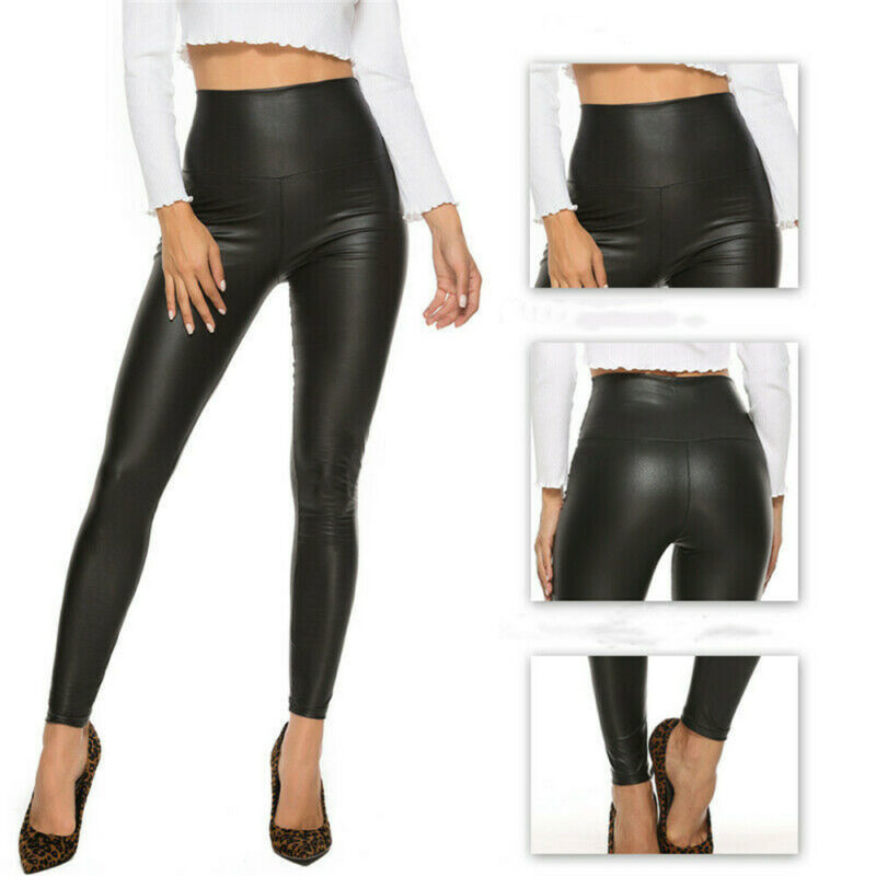 

Women Legging Skinny Faux Leather Stretchy Pants Pencil Trousers Casual High Waist Slim Solid Black Leggings