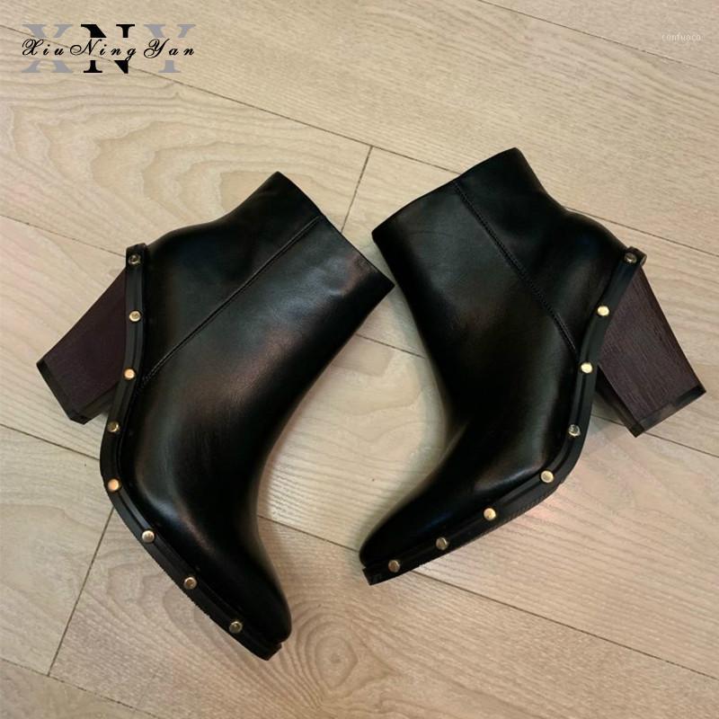 

Xiuningyan Genuine Leather Women's Boots Fashion Rivet Ankle Boots for Women Pointed Toe High Heels Women1, Black no plush