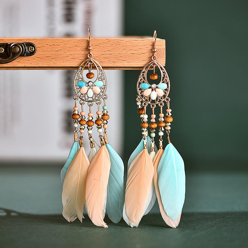 

Ethnic Bohemian Flower Metal Earrings For Women Summer Vintage Boho Colorful Long Feather Tassel Earrings Wood Beads