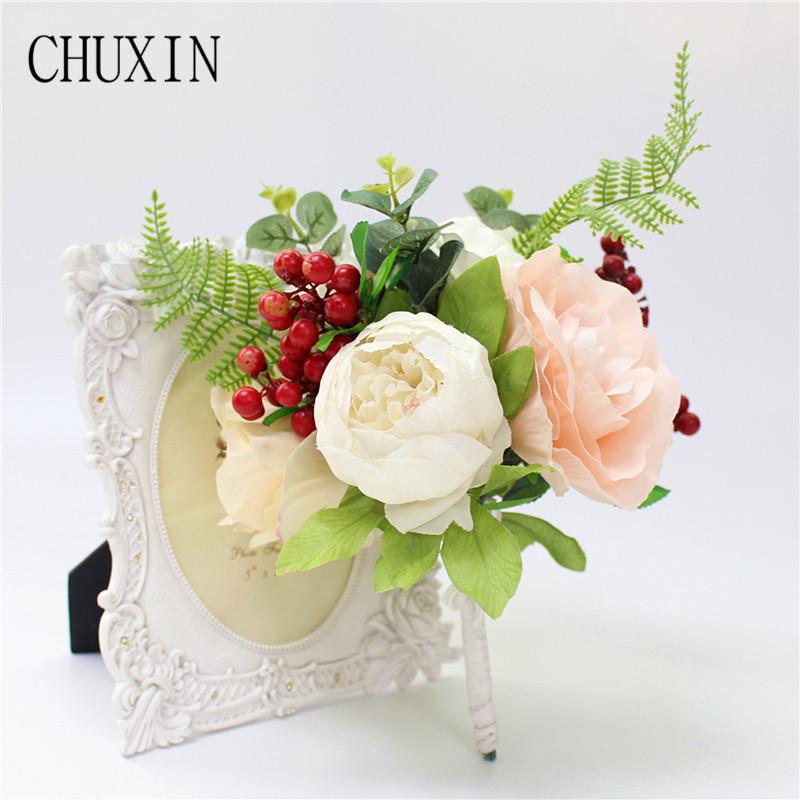 

CHUXIN NEW wedding simulation flower bride holding rose peony berry bouquet home decoration fake flower Valentine's Day gift, Pink