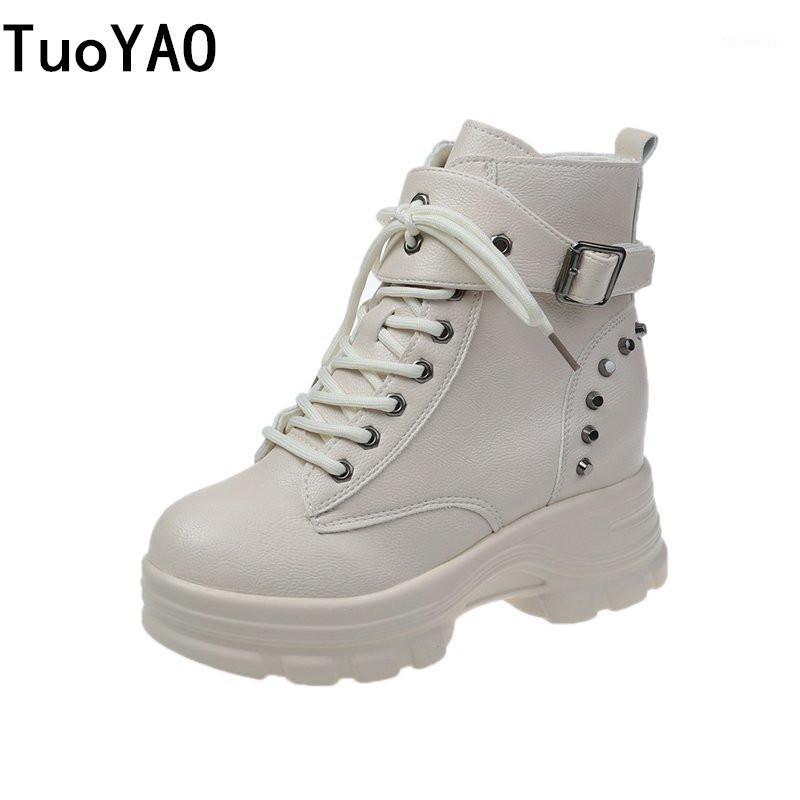 

British Punk Style Boots Women New 2020 Autumn Height Increasing Buckle Rivet Boots Winter Ladies 8cm Ankle Equestrian New1, Beige
