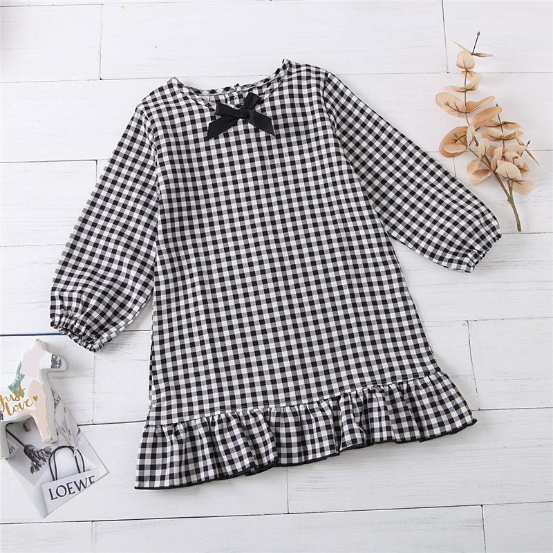 

One-piece Dress Party Daily Wear Kids Baby Girls Plaid Dress Long Sleeve Bow Button Fashionable Children Girls 1-5Years, Black