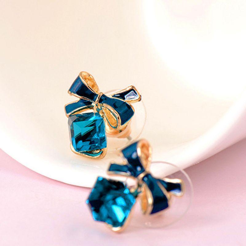 

Stud Crystal Blue Water Cube Box Bowtie Earrings For Women Fashion Jewelry K43F