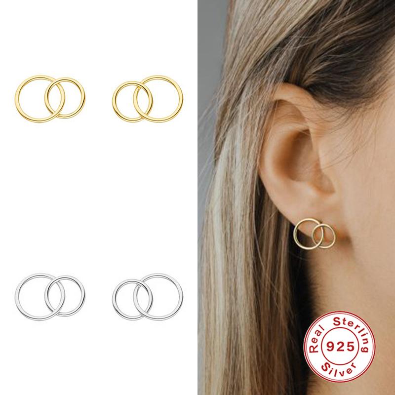 

Real 100% S925 Sterling Silver European Punk Two Circel Hoop Earrings For Women Girls Ladies Fine Jewerly Small Bijoux Femme
