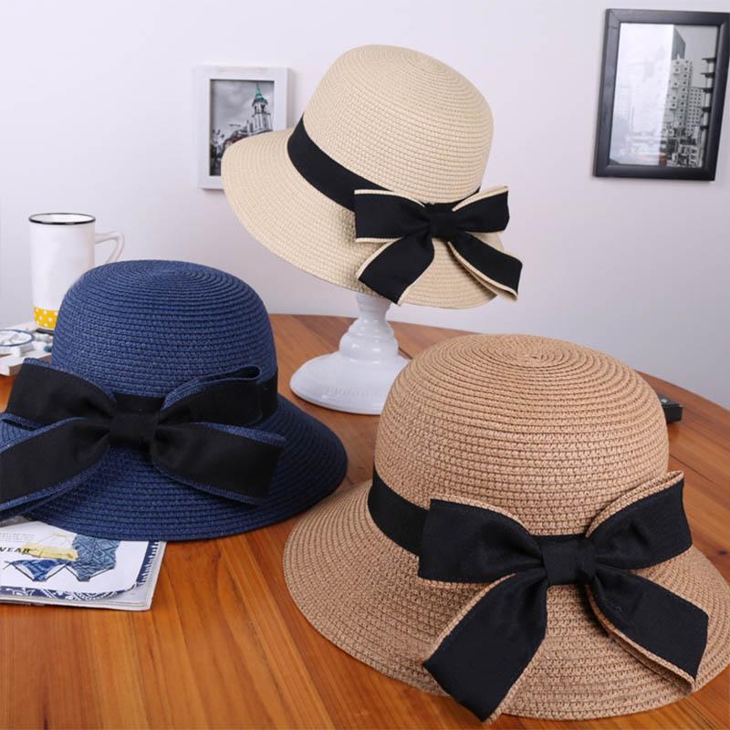 

Q UV Protections 1Pcs Outdoors Accessories Summer Straw Cap Adjustable Big Wide Brim Beach Hat Sun Hats Ribbon Round Bow, White