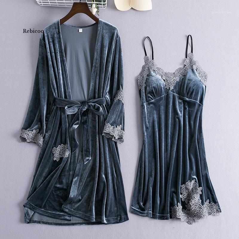 

2pcs Nightgown Sleep Set Gray Womens Velour Sleepwear Robe Kimono V-Neck Pijamas Softy Gown Sleepshirt Pajamas Suit Homewear1, Navy blue set