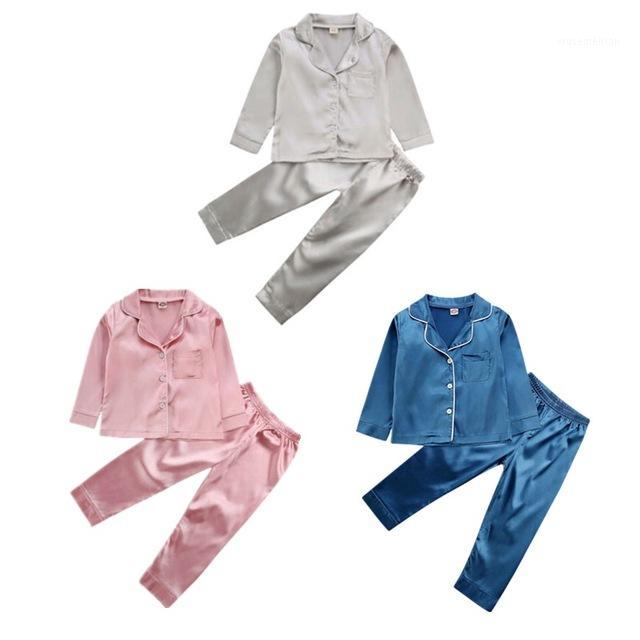 

Dropshipping 2Pcs Childrens Pyjamas Silk Satin Top Pant Nightwear Girls Boys Pjs Sleepwear1