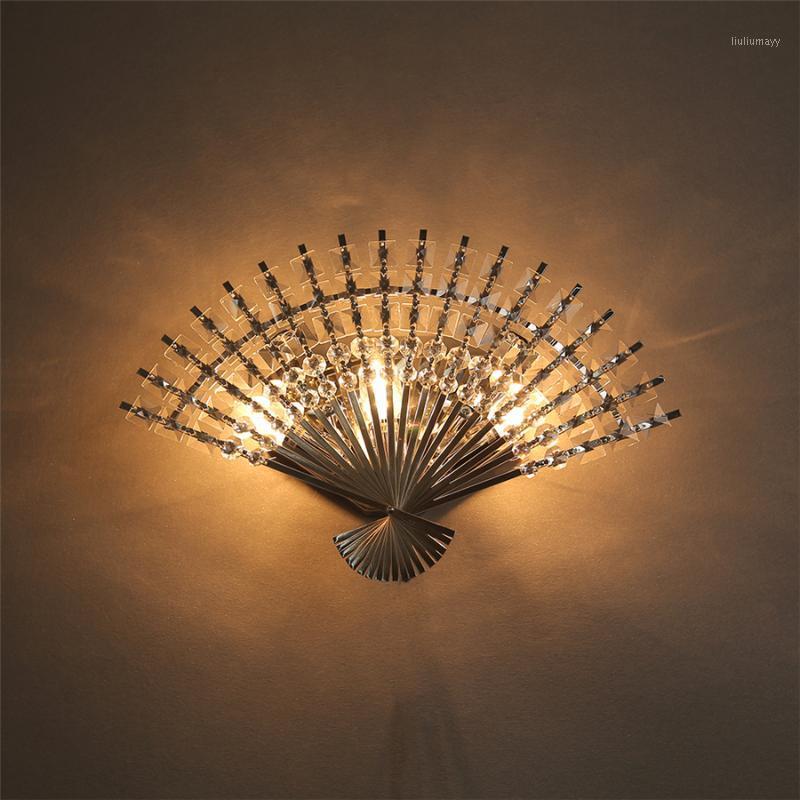 

Chinese fan-shaped crystal wall lamp modern led beds creative bedroom led wall light for living room decoration sconce lighting1