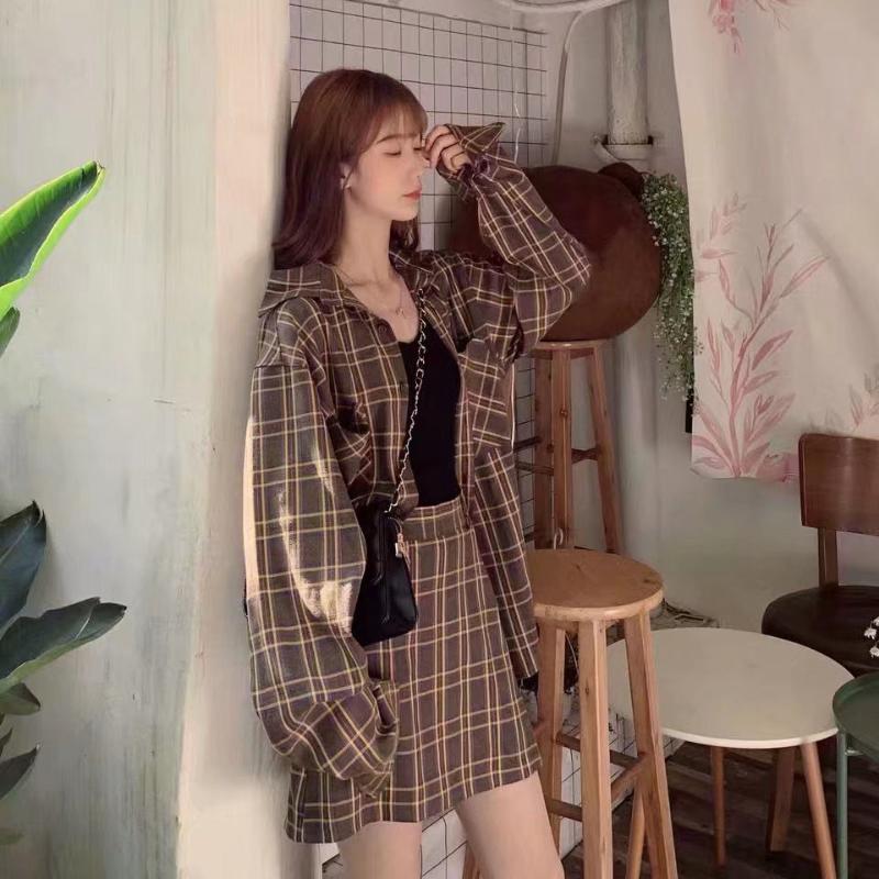 

Suit Thick High Waist Hakama Shirt Suit Autumn and Winter Purple Brown Plaid Fall 2020 Women Blazer Jacket for Women, As pic