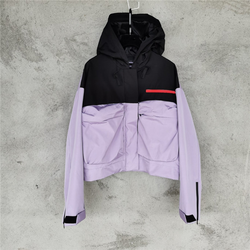 

2020 Autumn Winter New Fashion Contrast Color Patchwork Short Hooded Zipper Jacket Coat Women Waterproof Casual Outerwear Traingle, Purple