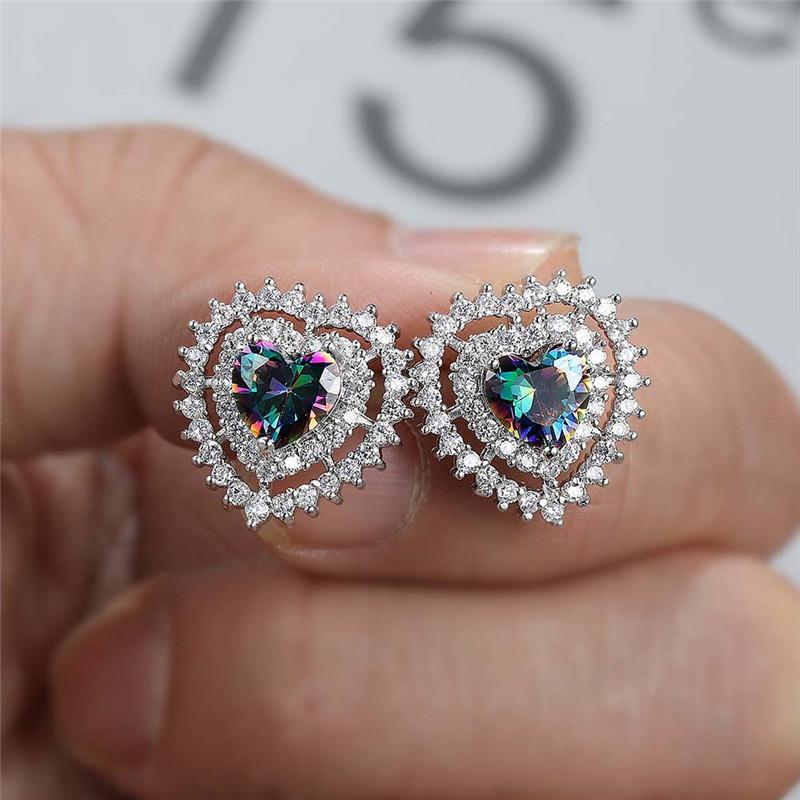 

Stud Mystic Rainbow Zircon Heart Stone Earrings For Women Wedding Jewelry Vintage Fashion Blue Pink Silver Color
