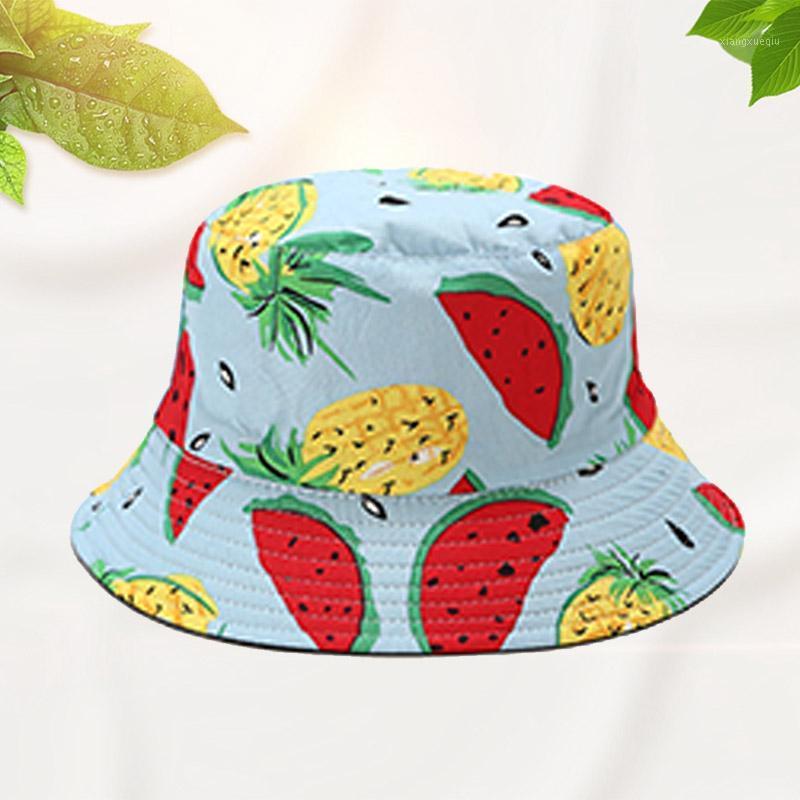 

Panama Bucket Hats Women Men Reversible Fruit Banana Watermelon Cherry Print Fisherman Hat Casual Harajuku Hip Hop Cap Wide Brim, Blue;gray