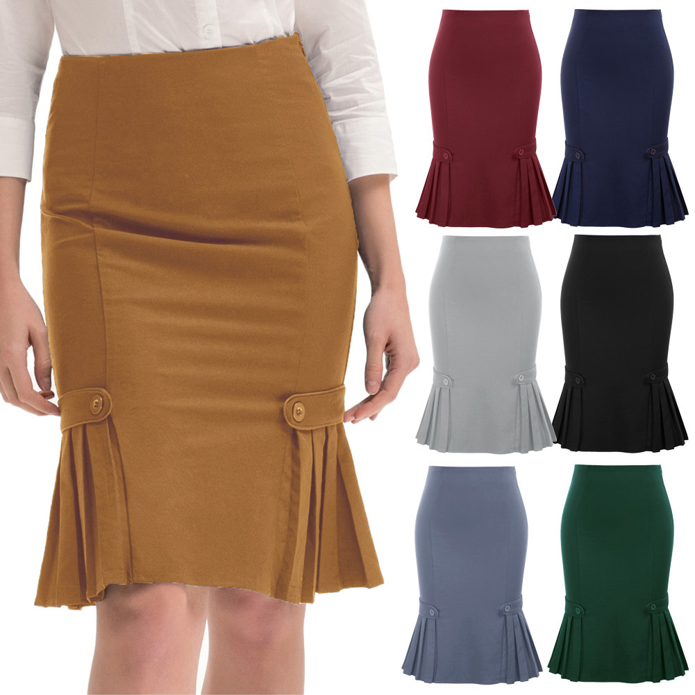 

Belle Poque Lady Women Skirt Vintage Retro Pure Color Knee-Length Hips-wrapped Bodyon Skirts Party Casual OL Pencil Skirt New Q0119, Black