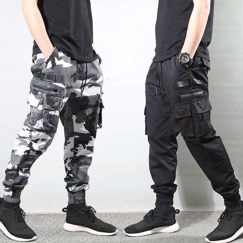 

2021 New Fashion Streetwear High Quality Camouflage Trousers Men Multi Pockets Hip Hop Joggers Pants Homme 048e, Black