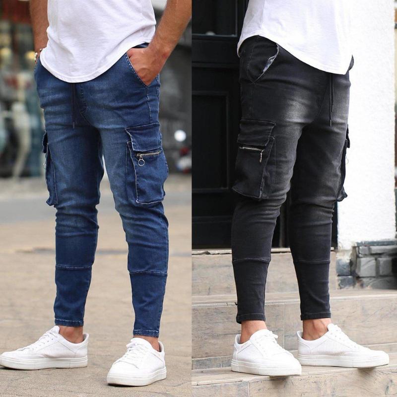 

Men Zipper Tooling Multi-Pocket Jeans Fashion Biker Denim Trousers Hip-Hop Street Blue Locomotive Cowboy Clothing Male, Black