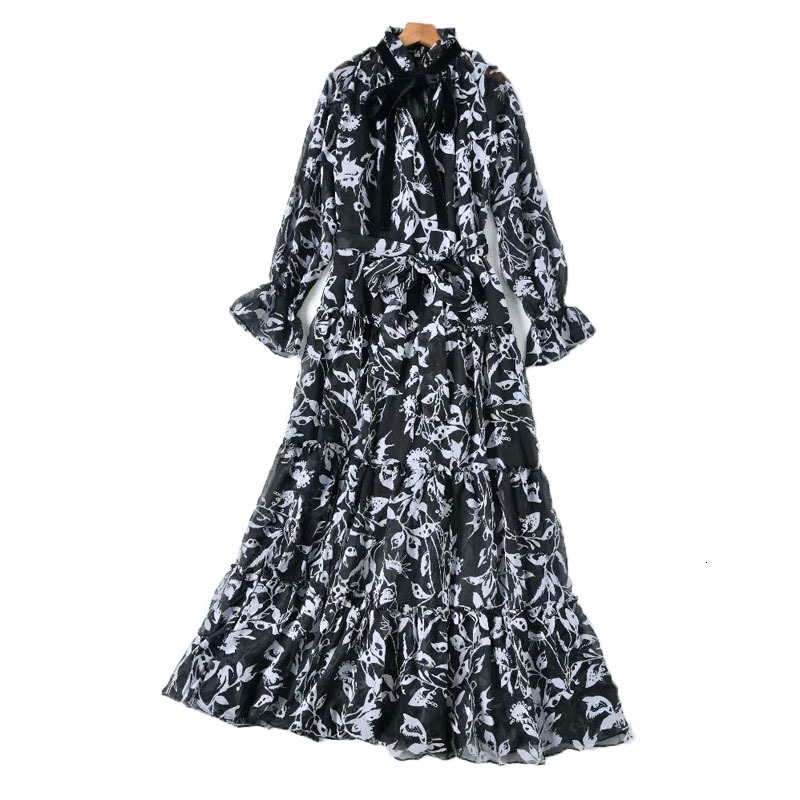 

2021 Autumn New Style Retro Printing Sleeve Thin Belt Fitting Temperament Long Dress High Quality Women's Clothes Fv52, Multiple