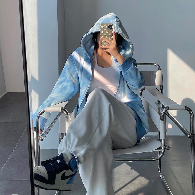 

WOMENGAGA Long Tie Dye Loose Skinny Zipper Pullover Tops Long Hoodie Hooded Women Sweatshirt Womens VHWF