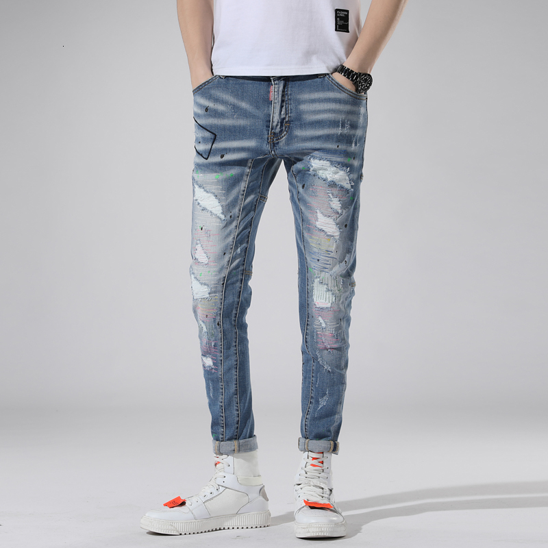 

2021 New Men's Jeans for Men Painted Thin Elastic Pants Embroidered Hip-hop Hip Hip-hop, Blue Spring RGB8, Sky blue.