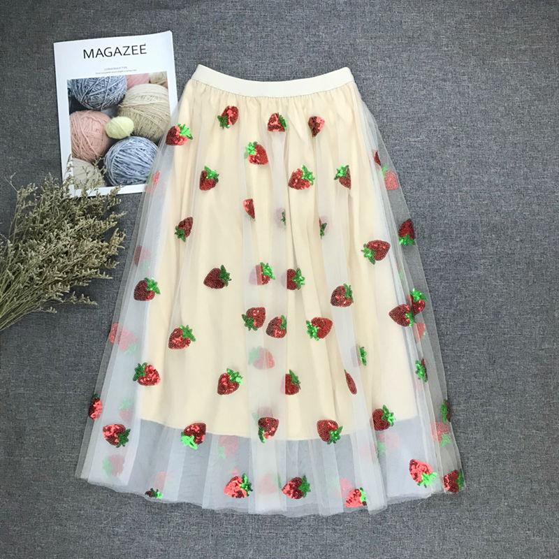 

Voile Sequins A Line Skirt Female Strawberry Sweet Long Skirts Chic Mid Calf Skirts For Women Designer