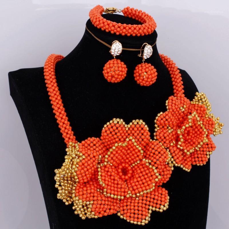 

Earrings & Necklace Beautiful Antique Set Braid Flowers African Jewelry Orange And Gold 2022 Party Jewellery, Silver