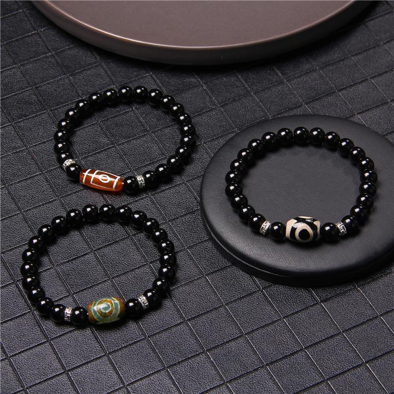

Tibetan Agat Bracelets Handmade Elastic Buddha Nine Eyes Dzi Agates Bracelet Men Black Polished Black Onyx Stone Beads Bangle