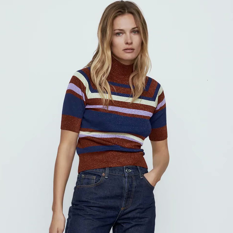

2021 New Autumn Women Knitted Cashmere Striped Pullovers O-neck Half Sleeve Vintage Sweater Tops Outwear Bb3198 Xgcv, Picture color