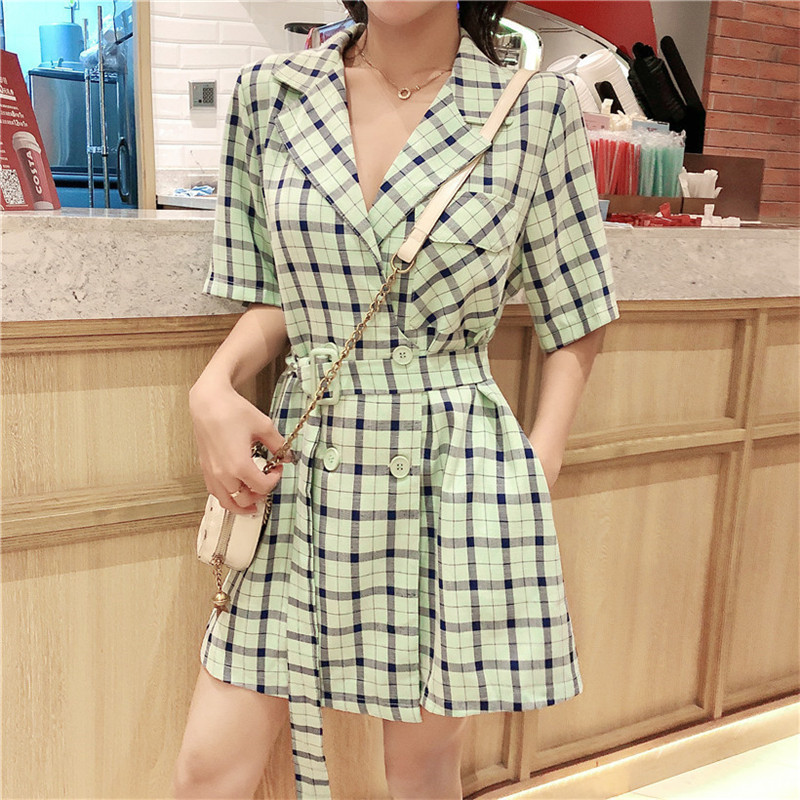 

2021 Female Jumpsuit New Fashion Summer Chess General with High Waist Short Retro Mini Bodysuits Loose CMQW, Green.