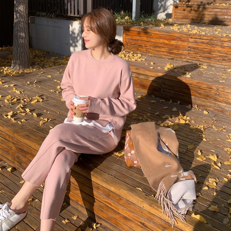 

2021 New Women Sweater Two Piece Knitted Chic Pullovers & Elastic Waist Harem Pants Spring Autumn Fashion Sporting Suit Female 0aqv, Gray