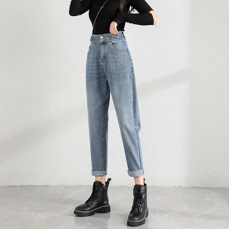 

2021 Autumn Women Loose Long Jeans Lady Slim Thin Baggy Student High Waist Straight Denim Jeans High Waist Old Pants Trousers, Black gray