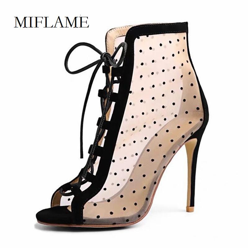 

Sexy Peep Toe Stiletto Sandals Women Black Net Yarn Noble Polka Dot High Heeled Boots Summer Cross Tied Party Stiletto Sandals