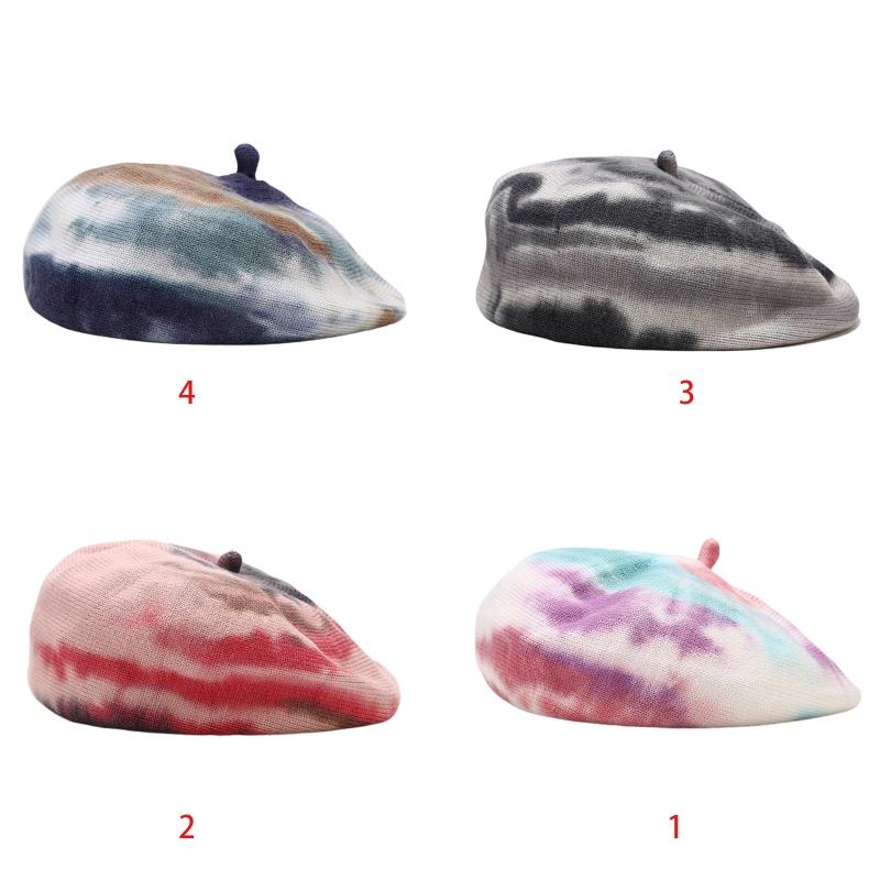 

Women Winter Faux Wool Knitted Beret Cap Colorful Tie-Dye Painter Beanies Cap