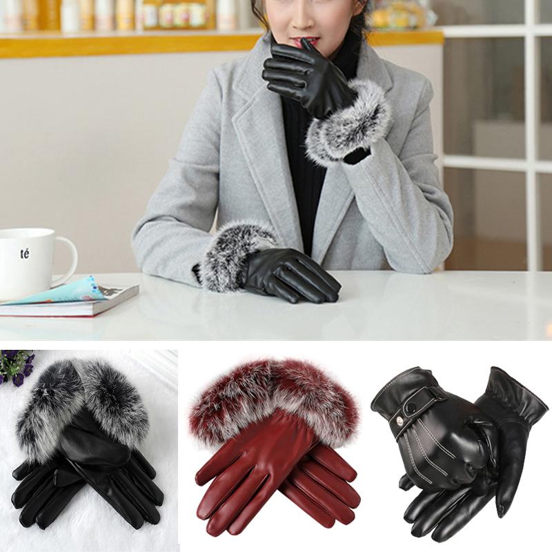 

1 Pair PU Leather/Suede Velvet Women Winter Driving Warm Gloves Fur Warm Outdoor Touch Screen Bow Gloves Mittens