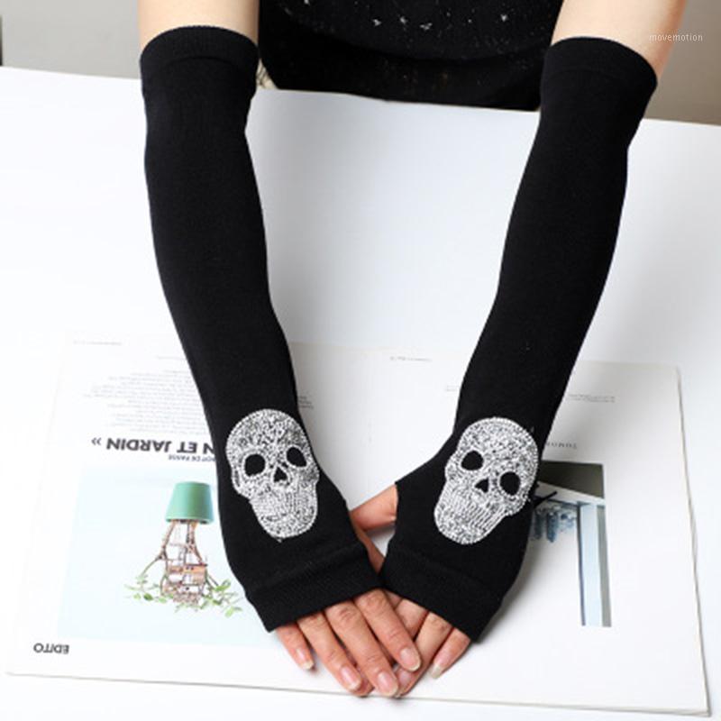 

Female Winter Warm Knit Diamond Half Finger Touch Screen Gloves Sexy Skull Rhinestone Long Thin Fingerless Driving Mittens H821