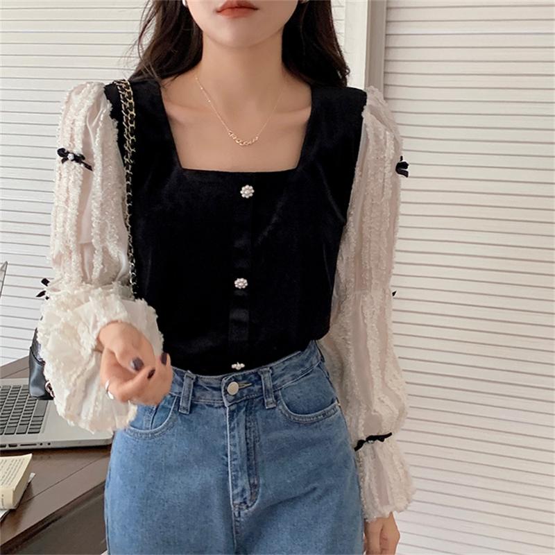 

Women' Blouses & Shirts Alien Kitty Korea Square Collar Sweet Lace Women Tops Slim Patchwork Velvet Chic Femme Elegant Office Wear Fashion, Photo color