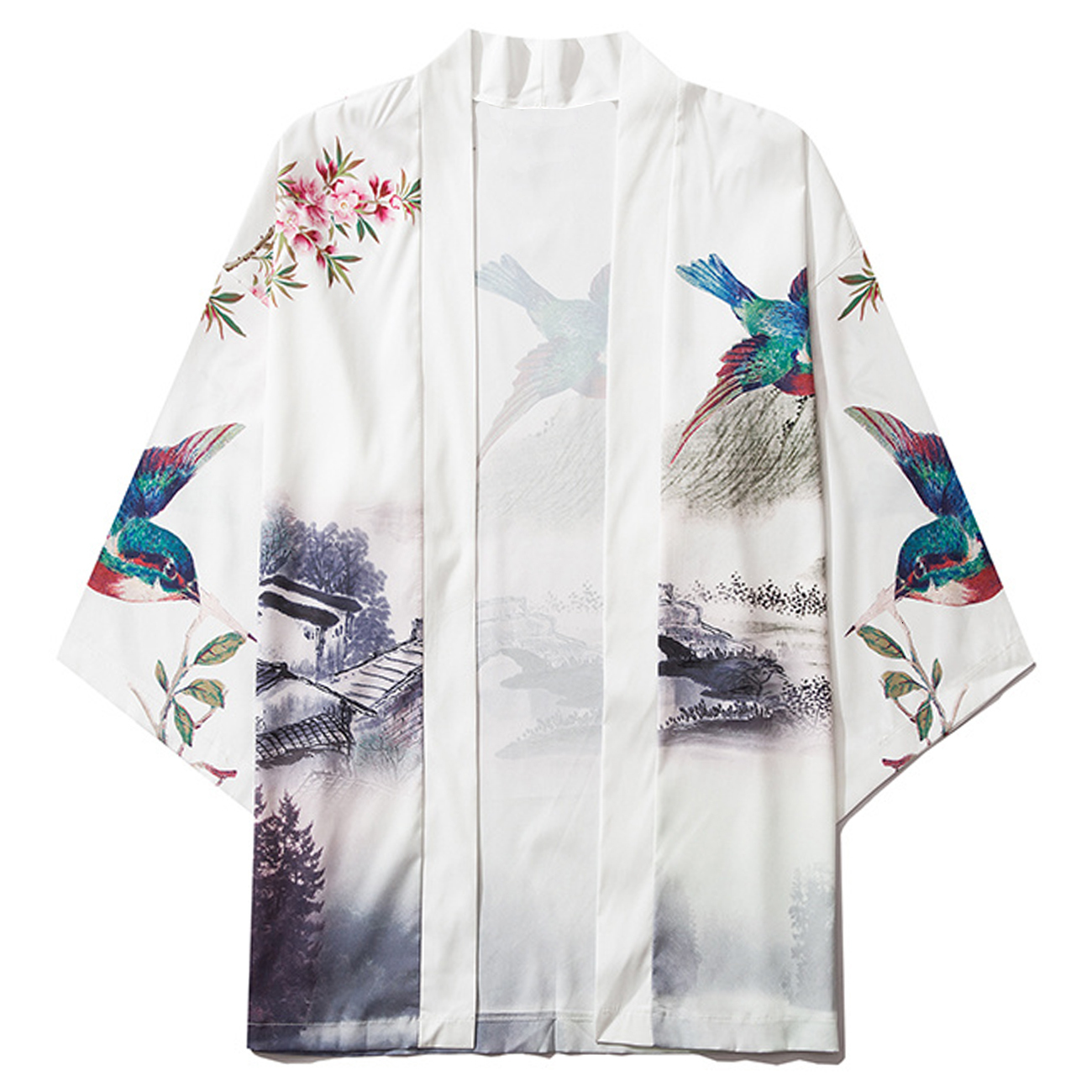 

2021 New Aelfric Eden Japanese Kimono Jacket Landscape Flying Bird Print Harajuku Shirts Hip Hop Summer Japan Streetwear Front Open Coats T3, Black