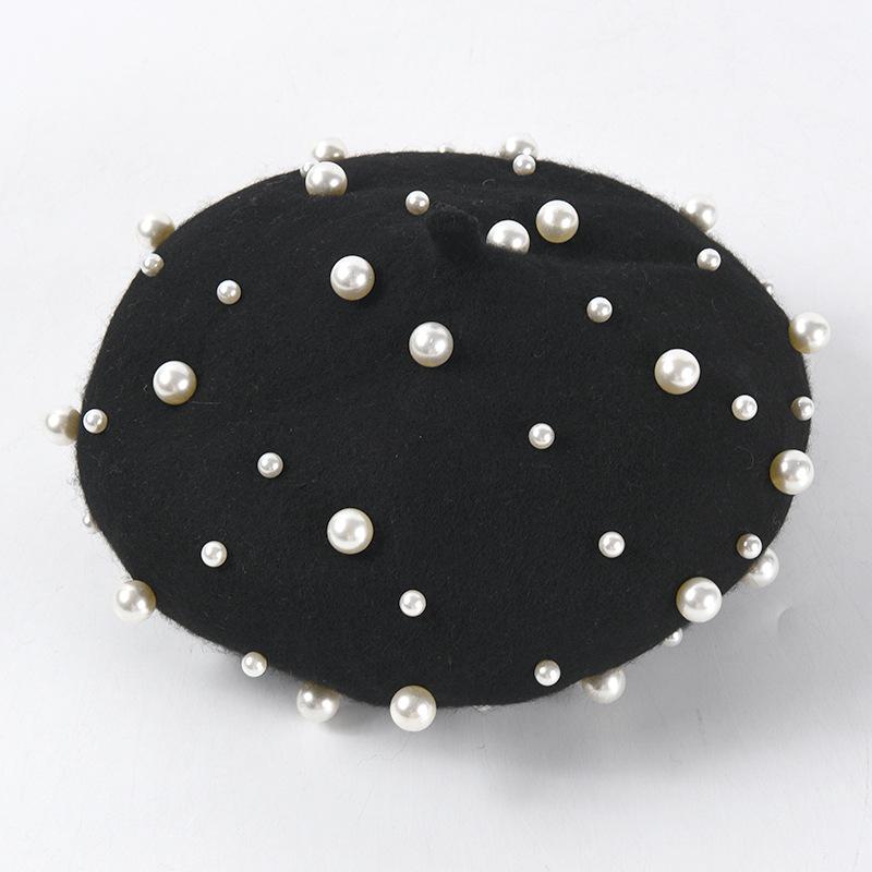 

Berets Autumn/winter Black Woolen Pearl Beret Vintage Handcrafted Beaded Painter's Hat Korean Version Of A Versatile Pumpkin