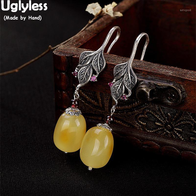 

Uglyless Handmade Thai Silver Leaves Ethnic Earrings for Women Luxury Amber Earrings Genuine Solid 925 Silver Fine Jewelry Gems1