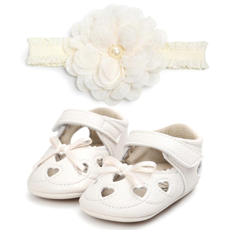 

Summer Baby Girl Flower Soft Shoes Baptism Christening Shoes Girls Soft Sole Toddler Leather Pu Headband Set, White
